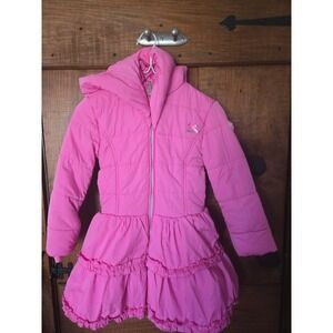 LE CHIC Glamorous Girl Pink Puffer Coat Dress Ruffle Hooded Size 128 7-8 yrs.